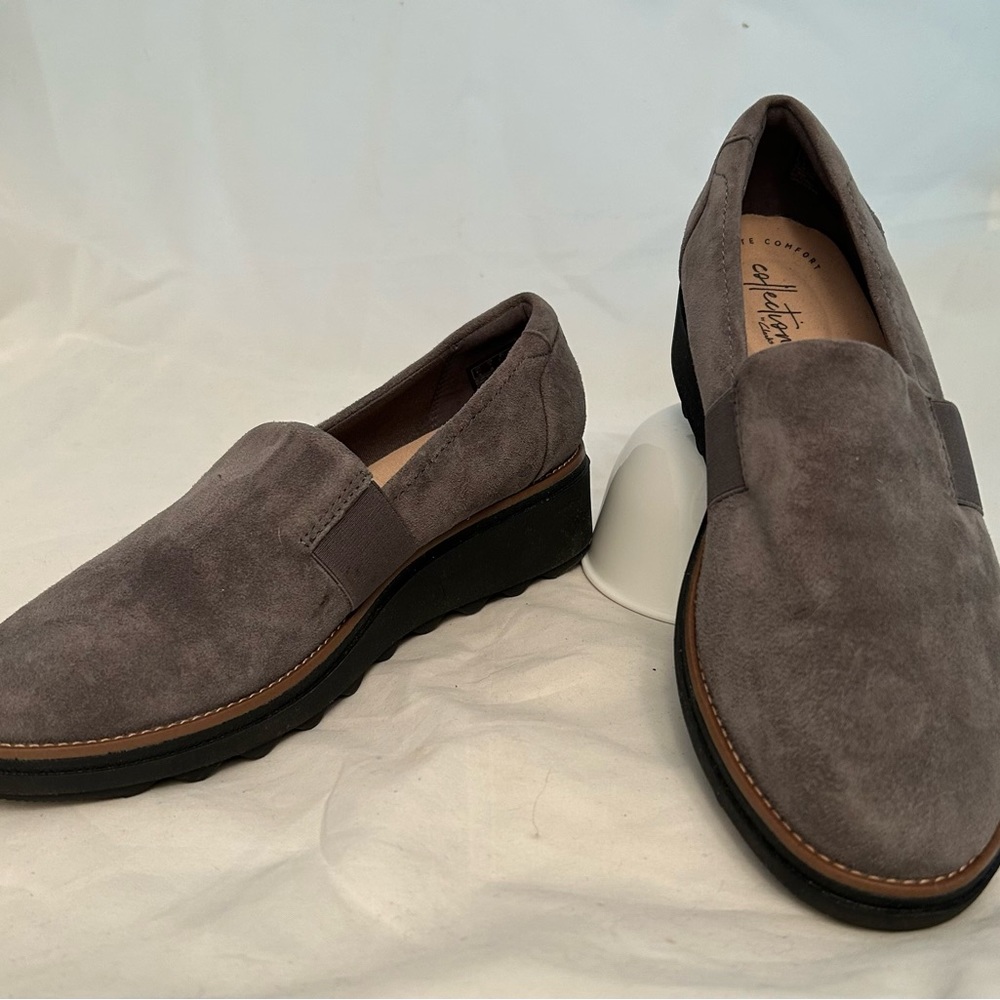 Clark collection Sharon suede loafer, slip on, gray, comfortable,NEW sz 7m